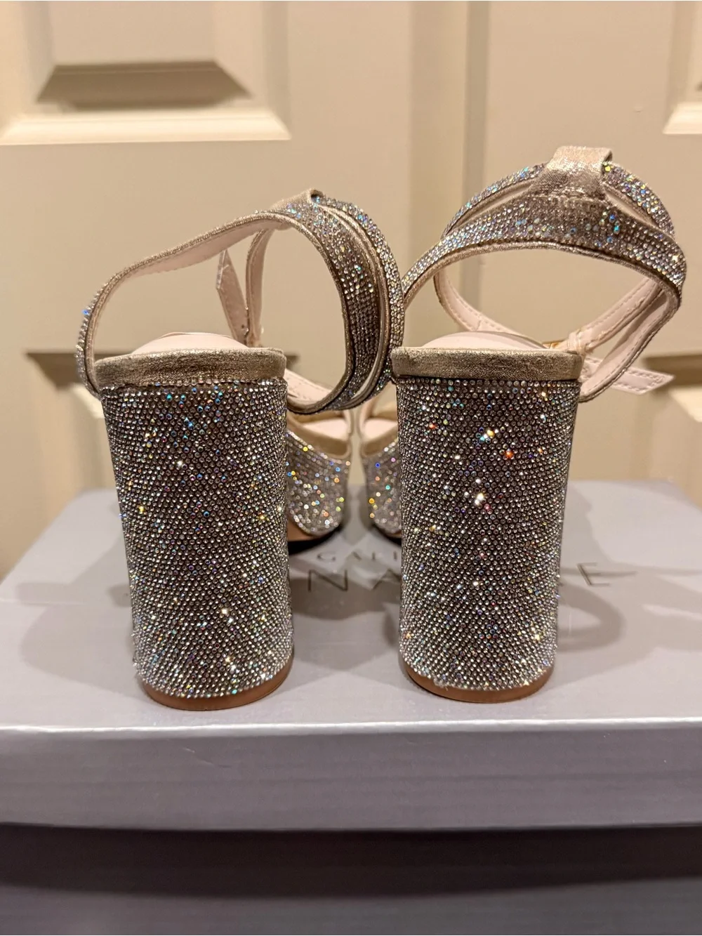 Galina Signature Champagne Rhinestone Platform Block Heels